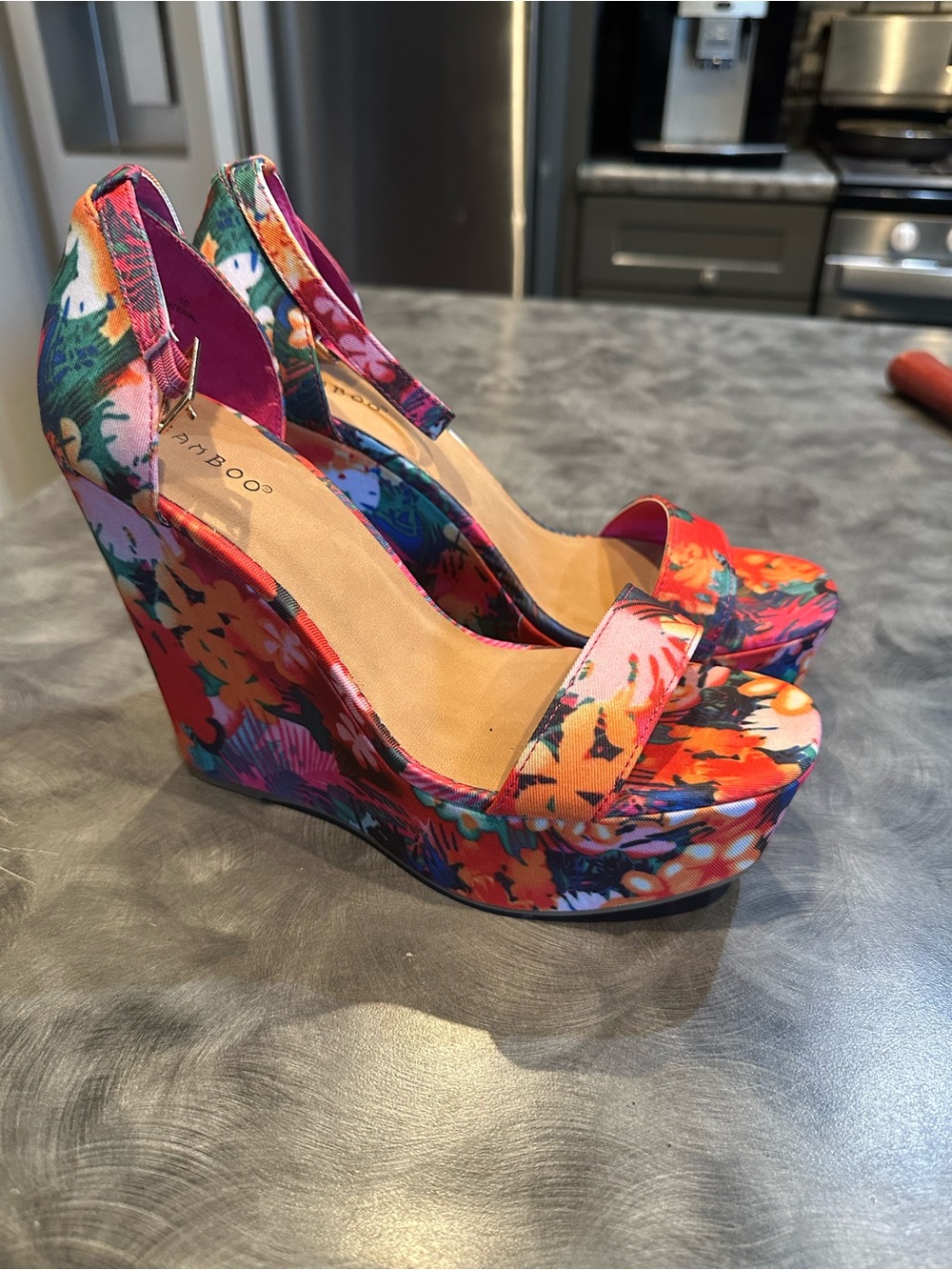 BAMBOO Bright Floral Print Platform Wedge Sandals